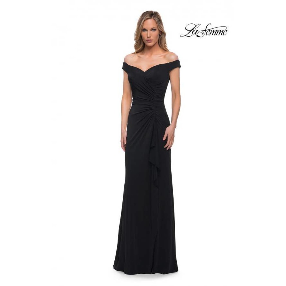La Femme Off the Shoulder Jersey Ruched Long Dress Black